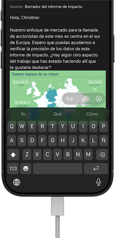 iPhone 18 Pro, negro, conectado a un cargador, pantalla con un email de trabajo en Mail