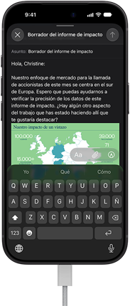 iPhone 18 Pro, negro, conectado a un cargador, pantalla con un email de trabajo en Mail