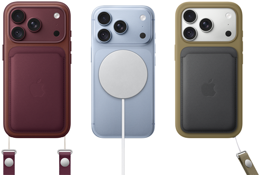 De izquierda a derecha, iPhone 18 Pro con funda de piel burdeos y correa de muñeca en el mismo tono, iPhone 18 Pro en azul glacial con cargador MagSafe blanco acoplado, iPhone 18 Pro en plata con cartera de piel verde y correa de muñeca