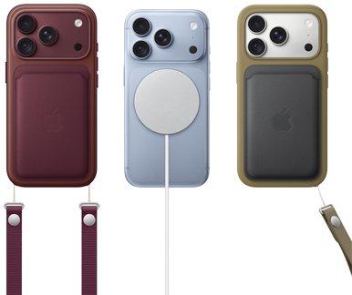 De izquierda a derecha, iPhone 18 Pro con funda de piel burdeos y correa de muñeca en el mismo tono, iPhone 18 Pro en azul glacial con cargador MagSafe blanco acoplado, iPhone 18 Pro en plata con cartera de piel verde y correa de muñeca