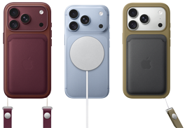 De izquierda a derecha, iPhone 18 Pro con funda de piel burdeos y correa de muñeca en el mismo tono, iPhone 18 Pro en azul glacial con cargador MagSafe blanco acoplado, iPhone 18 Pro en plata con cartera de piel verde y correa de muñeca