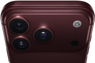 iPhone 18 Pro Max, color burdeos (rojo oscuro), parte trasera exterior, sistema de cámaras Pro Fusion en la parte superior, tres objetivos, láminas de apertura variable parcialmente cerradas, flash, micrófono y escáner LiDAR, parte superior exterior, antena de red móvil, laterales planos, esquinas redondeadas