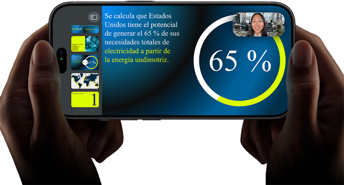 Videollamada horizontal que muestra una presentación de Keynote en un iPhone 18 Pro en negro