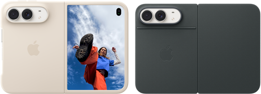 iPhone Duo, color blanco estelar con funda de silicona color arena, posición horizontal, totalmente abierto, sistema de cámara dual Fusion en la esquina superior izquierda, la funda cubre la parte trasera y el contorno exterior de la pantalla frontal, a la derecha se muestra la pantalla exterior con el retrato de una persona. iPhone Duo, color blanco estelar, totalmente abierto en horizontal, funda Folio en color azul marino con soporte, totalmente abierto en horizontal, parte trasera con el sistema de cámara dual Fusion de 48 Mpx, dos objetivos