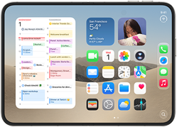 iPhone Duo, abierto en posición horizontal, en el lado izquierdo muestra el widget de Calendario, en el lado derecho muestra la pantalla de inicio de iOS
