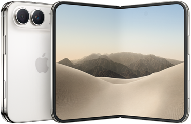 iPhone Duo, parte trasera, cerrado, color blanco estelar, sistema de cámara dual Fusion en la esquina superior izquierda, logo de Apple en el centro. Pantalla interior abierta, diseño de borde a borde, esquinas redondeadas.