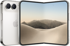 iPhone Duo, parte trasera, cerrado, color blanco estelar, sistema de cámara dual Fusion en la esquina superior izquierda, logo de Apple en el centro. Pantalla interior abierta, diseño de borde a borde, esquinas redondeadas.