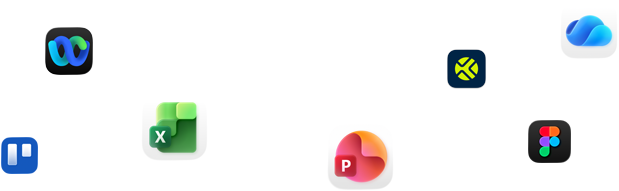 Varios iconos de apps en una composición desordenada, como Webex, Microsoft Excel y Figma