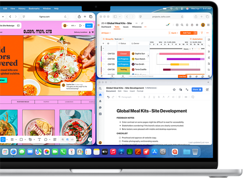 MacBook Air, pantalla con Figma, Zoho y Quip en tres ventanas independientes, ejemplo de la multitarea