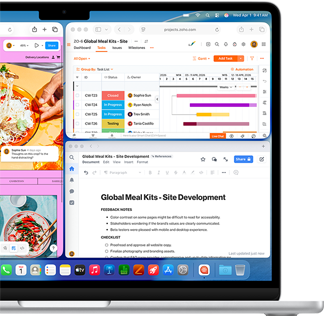 MacBook Air, pantalla con Figma, Zoho y Quip en tres ventanas independientes, ejemplo de la multitarea