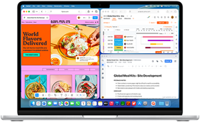 MacBook Air, pantalla con Figma, Zoho y Quip en tres ventanas independientes, ejemplo de la multitarea