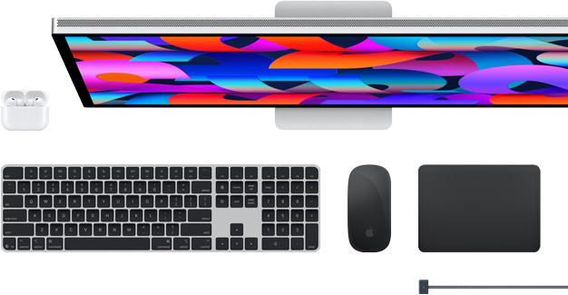 Accesorios para el Mac: AirPods, Studio Display, Magic Keyboard, Magic Mouse, Magic Trackpad y cable de carga MagSafe