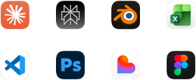 Iconos de las apps Claude de Anthropic, Perplexity AI, Blender, Microsoft Excel, Visual Studio Code, Adobe Photoshop, Lovable y Figma