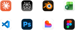 Iconos de las apps Claude de Anthropic, Perplexity AI, Blender, Microsoft Excel, Visual Studio Code, Adobe Photoshop, Lovable y Figma