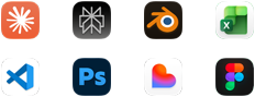 Iconos de las apps Claude de Anthropic, Perplexity AI, Blender, Microsoft Excel, Visual Studio Code, Adobe Photoshop, Lovable y Figma