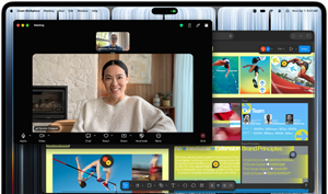 MacBook Pro con pantalla PROLED XDR, ventana de una videollamada en curso, Encuadre Centrado mantiene a la persona en el centro de la imagen