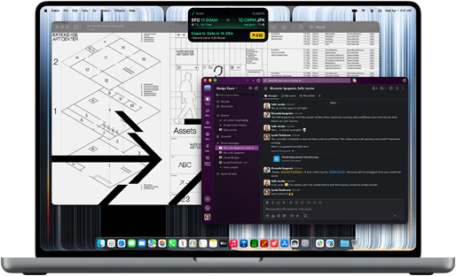 MacBook Pro con monitor PROLED XDR, tapa abierta, color plata, la pantalla muestra varias ventanas abiertas, como Slack, Vista Previa y Flighty