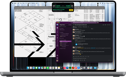 MacBook Pro con monitor PROLED XDR, tapa abierta, color plata, la pantalla muestra varias ventanas abiertas, como Slack, Vista Previa y Flighty