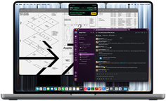 MacBook Pro con monitor PROLED XDR, tapa abierta, color plata, la pantalla muestra varias ventanas abiertas, como Slack, Vista Previa y Flighty
