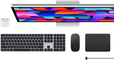 AirPods, Studio Display, Magic Keyboard, Magic Mouse, Magic Trackpad y cable de carga MagSafe