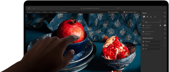 MacBook Pro con pantalla PROLED XDR con una imagen con frutas, cuencos de cerámica y tejidos azules, una mano se acerca a la pantalla para interactuar con la obra de arte