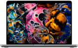 MacBook Pro con pantalla PROLED XDR, tapa abierta, color plata, la pantalla muestra una imagen detallada con un alto contraste y colores vivos