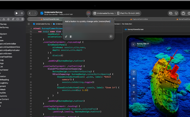 Pantalla de un MacBook Pro que muestra Xcode abierto con un proyecto de una app de sondeo submarino y una sugerencia de código generada por IA