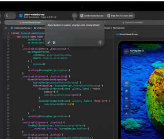 Pantalla de un MacBook Pro que muestra Xcode abierto con un proyecto de una app de sondeo submarino y una sugerencia de código generada por IA