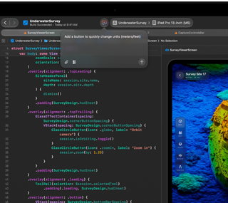 Pantalla de un MacBook Pro que muestra Xcode abierto con un proyecto de una app de sondeo submarino y una sugerencia de código generada por IA