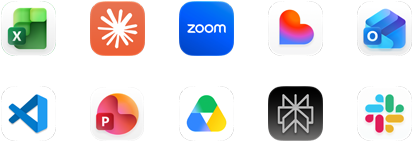 Diez iconos de apps en dos filas: Excel, Claude, Zoom, Lovable, Outlook, VS Code, PowerPoint, Google Drive, Perplexity y Slack