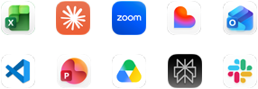 Diez iconos de apps en dos filas: Excel, Claude, Zoom, Lovable, Outlook, VS Code, PowerPoint, Google Drive, Perplexity y Slack