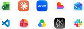 Diez iconos de apps en dos filas: Excel, Claude, Zoom, Lovable, Outlook, VS Code, PowerPoint, Google Drive, Perplexity y Slack