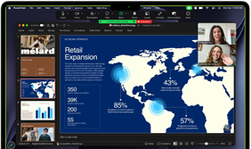 Pantalla de un MacBook Pro que muestra una presentación de PowerPoint compartida durante una llamada de Zoom, con la diapositiva 3 abierta sobre la expansión comercial con un mapa del mundo y estadísticas clave de la empresa