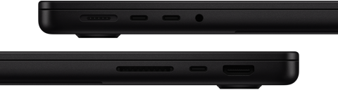 Se muestran los puertos del MacBook Pro. Lateral izquierdo: MagSafe, dos puertos Thunderbolt y toma para auriculares. Lateral derecho: SDXC, un puerto Thunderbolt y HDMI