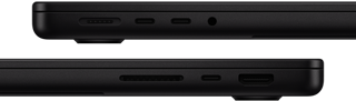 Se muestran los puertos del MacBook Pro. Lateral izquierdo: MagSafe, dos puertos Thunderbolt y toma para auriculares. Lateral derecho: SDXC, un puerto Thunderbolt y HDMI