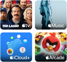 Recuadros de Apple One: Apple TV, Apple Music, iCloud+ y Apple Arcade