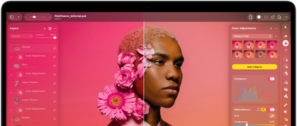 Pantalla de un MacBook Pro con la foto de una persona siendo editada en Pixelmator Pro