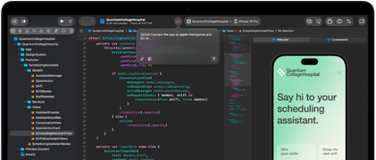 MacBook Pro, Xcode, un editor de código muestra el siguiente comentario: «Conecta la app a Apple Intelligence», vista previa en el iPhone, app Quantum College Hospital, texto que dice: «Di hola a tu asistente de programación», botones: Ver turnos disponibles, Cambiar mi próximo turno