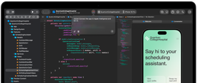 MacBook Pro, Xcode, un editor de código muestra el siguiente comentario: «Conecta la app a Apple Intelligence», vista previa en el iPhone, app Quantum College Hospital, texto que dice: «Di hola a tu asistente de programación», botones: Ver turnos disponibles, Cambiar mi próximo turno
