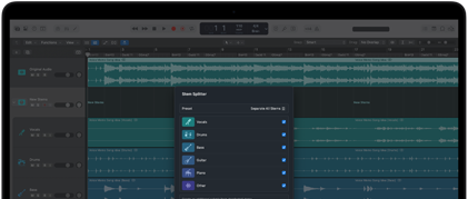 MacBook Pro, Logic Pro, pistas de ondas, panel Divisor de Stems, categorías: voces, batería, bajo, otros, cada una con una onda de audio independiente