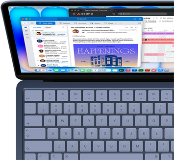 MacBook Neo, color índigo, una persona lo está utilizando para hacer varias tareas a la vez, revisando emails con Outlook y controlando el calendario de un proyecto con Asana