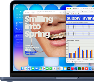 Pantalla de un MacBook Neo, muestra cómo macOS mantiene el software al día con actualizaciones automáticas, un anuncio de un ortodoncista se muestra en Vista Previa y un análisis de costes del tercer trimestre en Excel