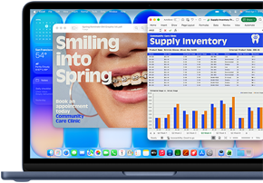 Pantalla de un MacBook Neo, muestra cómo macOS mantiene el software al día con actualizaciones automáticas, un anuncio de un ortodoncista se muestra en Vista Previa y un análisis de costes del tercer trimestre en Excel